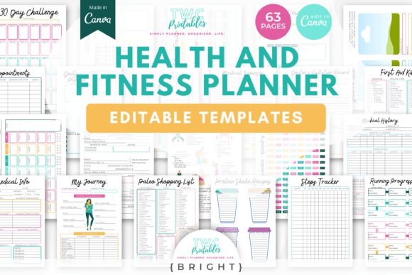 Health and fitness planner editable templates with workout planner template and wellness tracking pages