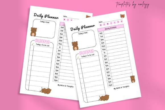 Cute planner template designs with kawaii style daily planner pages featuring pastel colors and bear doodles