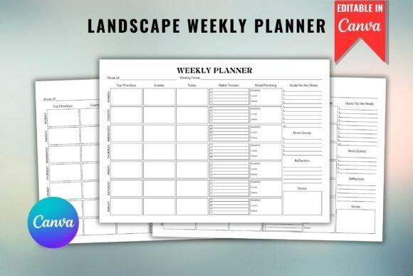 Minimal planner template showing a landscape weekly planner layout with sections for top priorities, events, tasks, habit