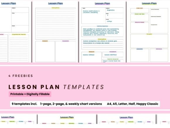 Teacher planner templates showing various lesson plan formats including one-page and multi-subject layouts