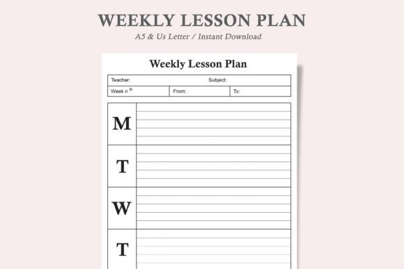 Minimalist weekly lesson plan template for teachers with weekdays and subject fields in US — teacher planner templates