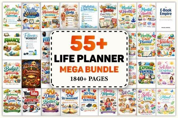 planner templates for organizing featuring 55+ life planner designs with 1840+ pages covering productivity, health, finance