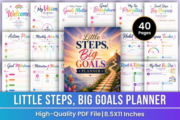 Goal planner template showing Little Steps Big Goals Planner with sections for vision, priorities, action plans, habits, and