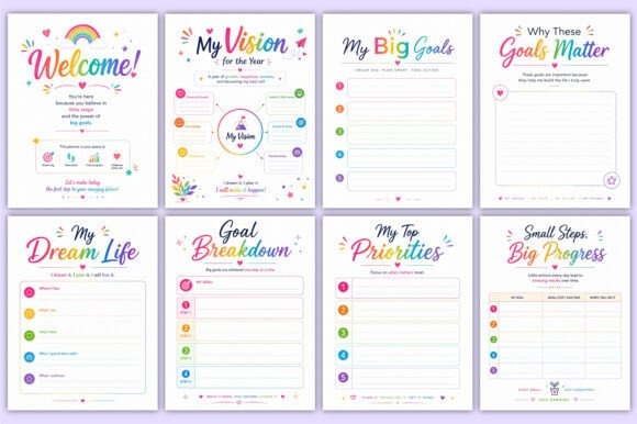 goal planner template with colorful pages for vision, goals, priorities, and progress tracking
