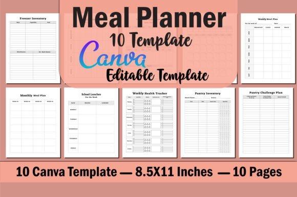 best planner template designs showing meal planner with 10 editable Canva templates including meal plans and inventory sheets