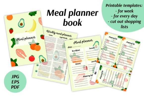 weekly meal planner template with colorful meal planner book, weekly and daily meal planners, and cut-out shopping lists