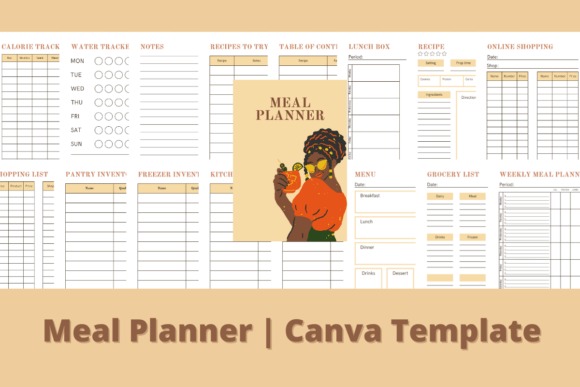 weekly meal planner template with grocery list, inventory, lunch box, and recipe pages in a Canva design