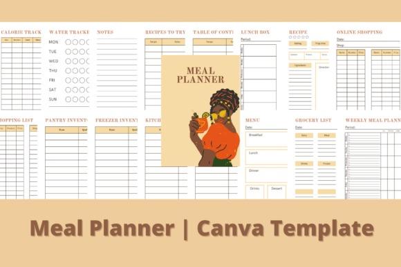 Meal planner templates showing weekly meal plan, grocery list, fridge inventory, recipe and lunch-box pages in a Canva design