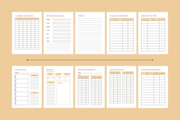 weekly meal planner template with calorie tracker, water tracker, notes, table of content, recipes, lunch box, online