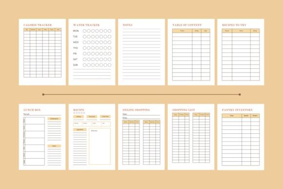 Meal planner templates showing weekly meal planner, grocery list, fridge inventory, lunch-box page, and recipe page