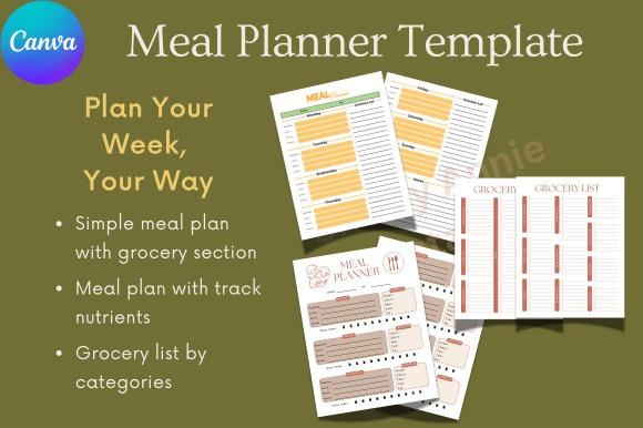 meal planner templates showing weekly meal plan, grocery list, and nutrition tracking layouts