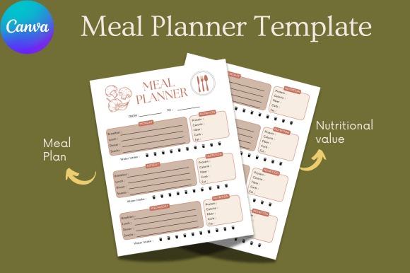 Meal planner templates showing weekly meal plan with sections for breakfast, lunch, dinner, snacks, and nutrition tracking