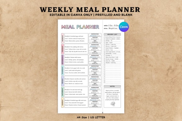 weekly meal planner template showing days of the week with meal sections and grocery list