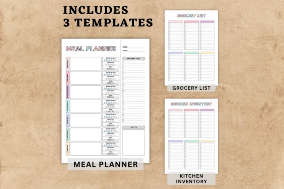 weekly meal planner template with meal planner, grocery list, and kitchen inventory sections