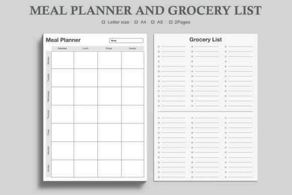 weekly meal planner template with separate meal planner and grocery list pages in multiple sizes
