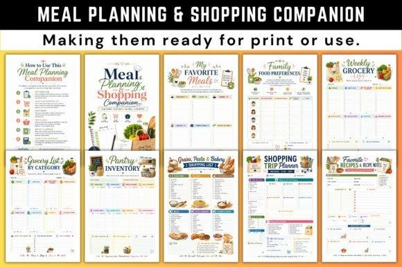meal planner templates showing detailed weekly meal planning, categorized grocery lists, pantry inventory, recipes, and