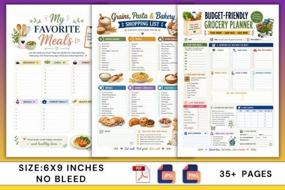 meal planner templates showing favorite meals, grains and bakery shopping list, and budget-friendly grocery planner pages
