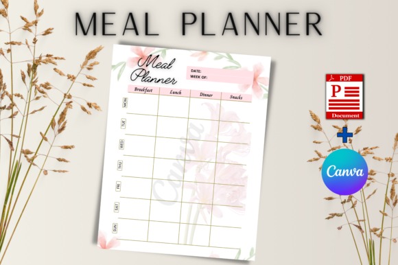 planner template for personal organization showing a meal planner with days of the week and meal categories in a floral