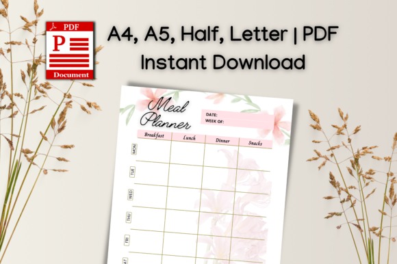 planner template for personal organization showing meal planner in A4, A5, Half Letter, and Letter PDF sizes for instant