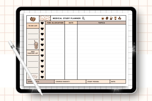 Goodnotes study planner template showing a medical study planner layout with time allocation, date, topics, to-do list, and