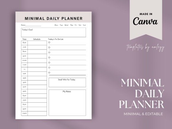 Minimal daily planner template with time schedule, to-do list, goals, notes, and small win sections