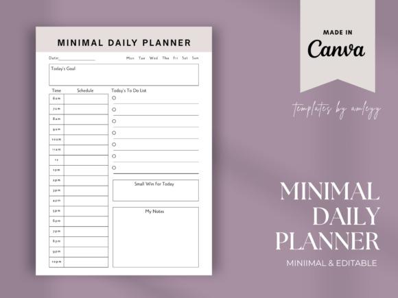 Minimal planner template showing a daily planner layout with schedule, to-do list, goals, notes, and small win sections