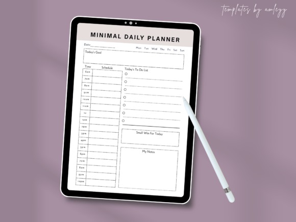 Minimal daily planner template displayed on a tablet with schedule, to-do list, goals, and notes sections