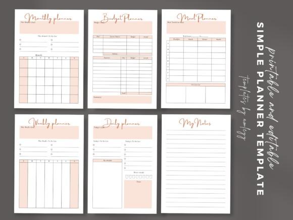 Editable planner templates showing monthly, budget, meal, weekly, daily, and notes pages in a minimalist style