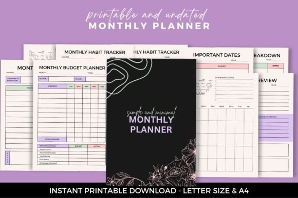 printable monthly planner template with monthly calendar, budget planner, habit tracker, important dates, and month review
