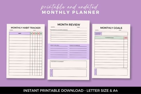 Printable monthly planner with habit tracker, month review, and monthly goals pages for easy month-at-a-glance planning
