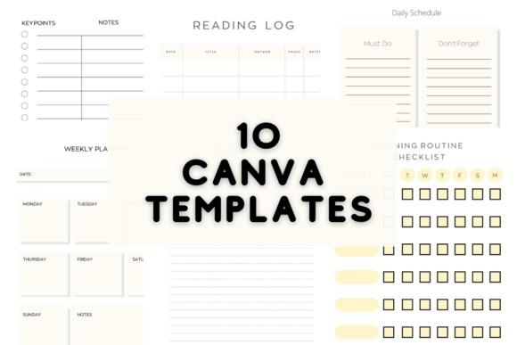 Editable planner templates showing reading log, daily schedule, weekly plan, and morning routine checklist in minimalist