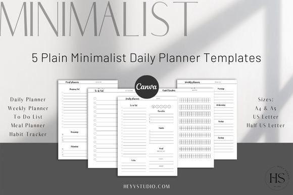 Editable planner templates showing minimalist daily planner, weekly planner, to do list, meal planner, and habit tracker in