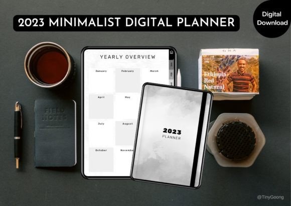 2023 minimalist digital iPad planner template showing yearly overview and planner cover on tablet with pen and coffee
