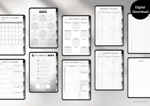 iPad planner template showing monthly, weekly, daily planners and trackers for income, expense, and notes with digital