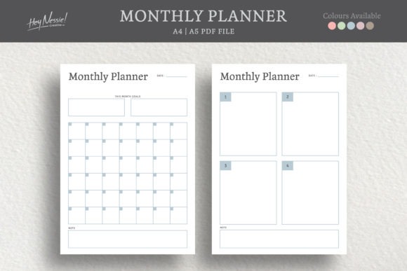 Minimalist monthly planner template printable with calendar grid and goal sections in multiple colors