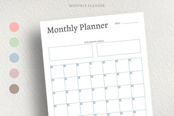 Minimalist monthly planner template printable with calendar grid and monthly goals section in soft colors