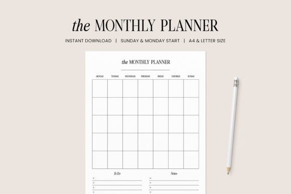 Minimalist monthly planner template printable with undated black-and-white calendar and Sunday and Monday start options