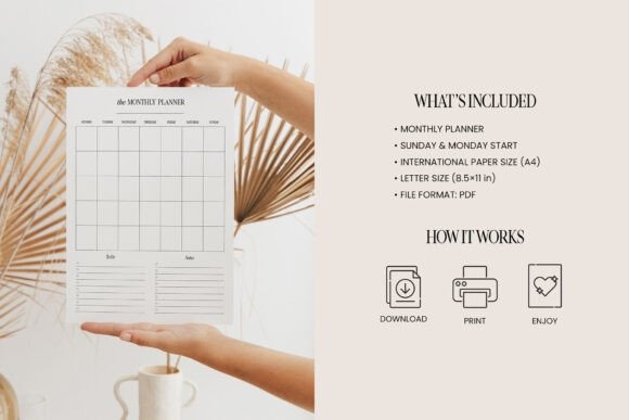 Minimalist monthly planner template printable with undated black-and-white calendar and Sunday and Monday start options