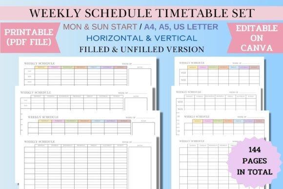 Weekly planner template showing editable weekly schedule timetable set with filled and unfilled versions in A4, A5, US