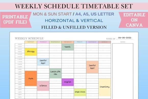 Weekly planner template showing a minimalist weekly schedule timetable with filled and unfilled time slots, editable in Canva