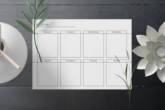 Minimalistic printable weekly planner template with undated weekly layout in A4 size on dark wooden desk