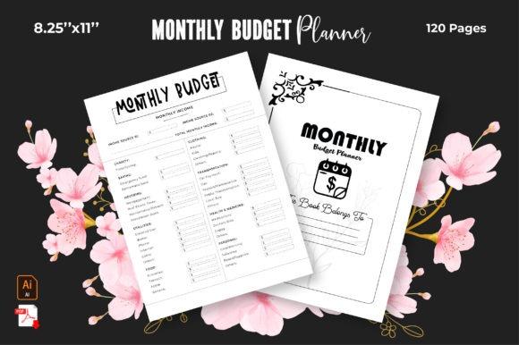 Monthly budget planner template with 8.25 by 11 inch pages and 120 pages total, featuring editable design files