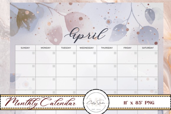 printable monthly planner April calendar with floral watercolor background and Sunday start in 11 by 8.5 inch PNG format