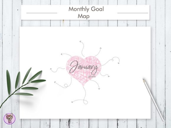 monthly planner template printable showing January goals with a heart and arrows on white paper with pencil and green leaves