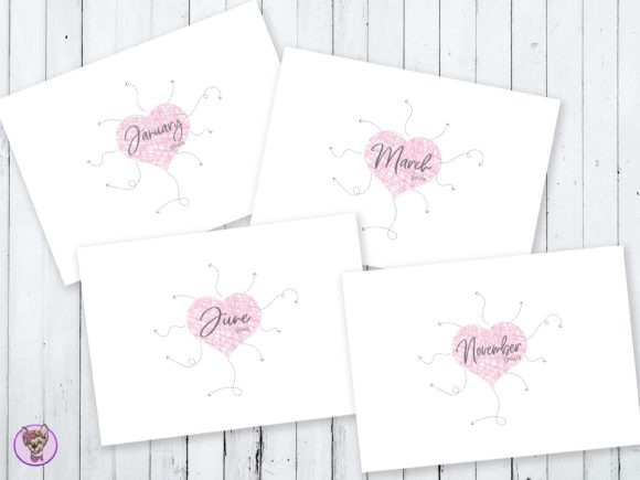 Monthly planner template printable with pink heart designs labeled January, March, June, and November on white wooden