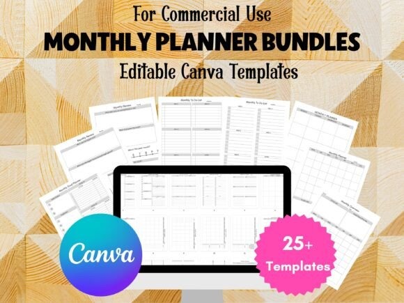 Monthly planner template printable bundle with 25+ editable Canva templates showing various calendar and goal layouts
