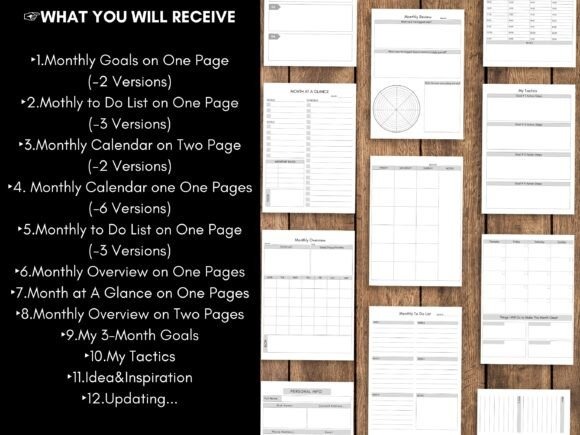 monthly planner template printable showing various layouts including goals, to-do lists, calendars, monthly overview, and