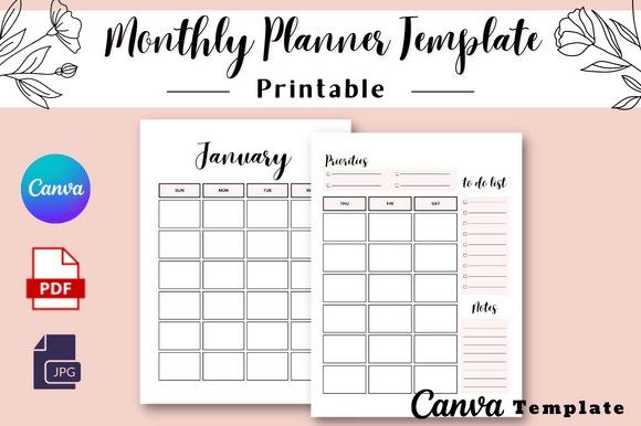 Editable monthly planner template with calendar, priorities, to-do list, and notes in Canva, PDF, and JPG formats