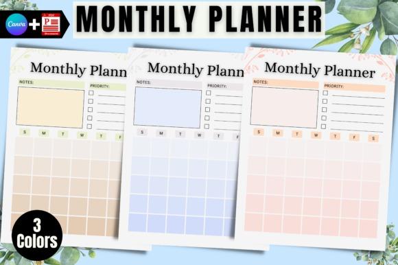 monthly planner template in three pastel colors with sections for notes, priority, and weekly days
