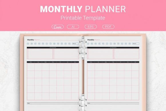 monthly planner template printable showing a two-page layout with monthly calendar grid and daily notes in a binder